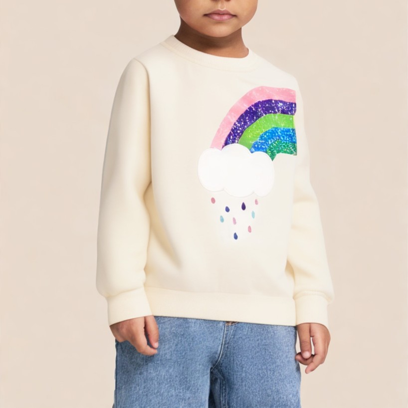 Beige breathable crew neck pullover sweatshirt for girls