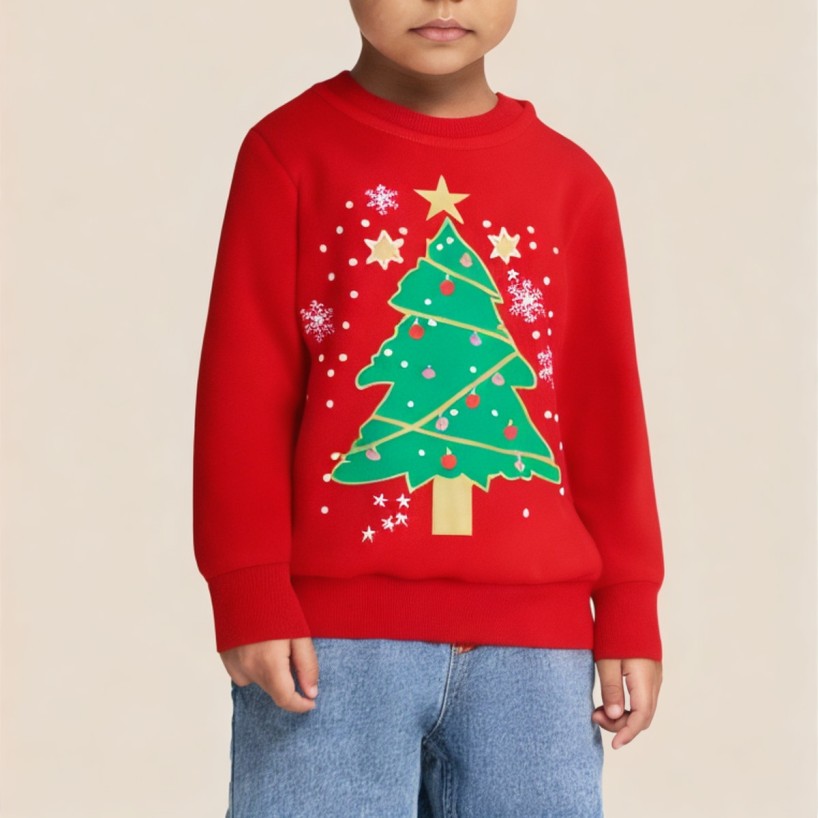 Red cartoon Christmas tree design girls' sweatshirt