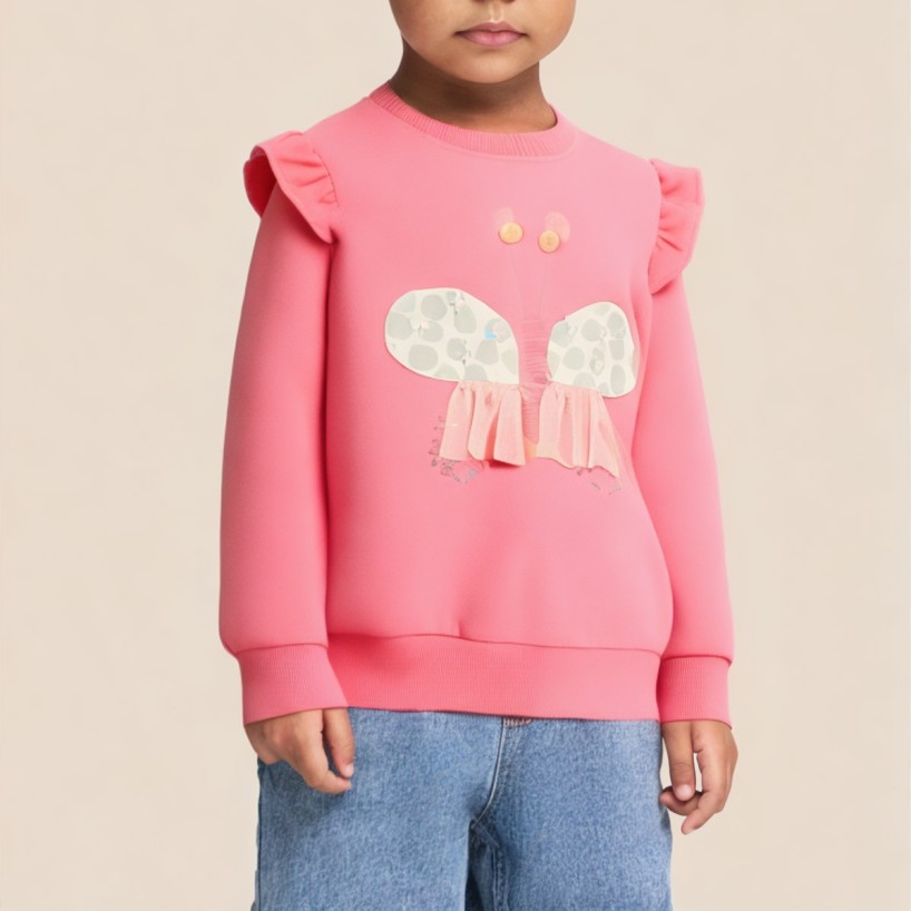 Pink round neck ruffled girls' sweatshirt