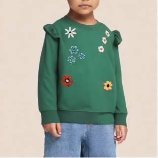 Green floral embroidered crew neck sweatshirt for girls