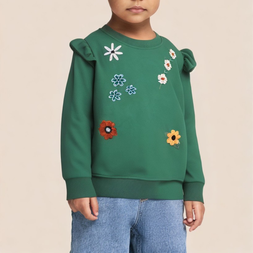 Green floral embroidered crew neck sweatshirt for girls