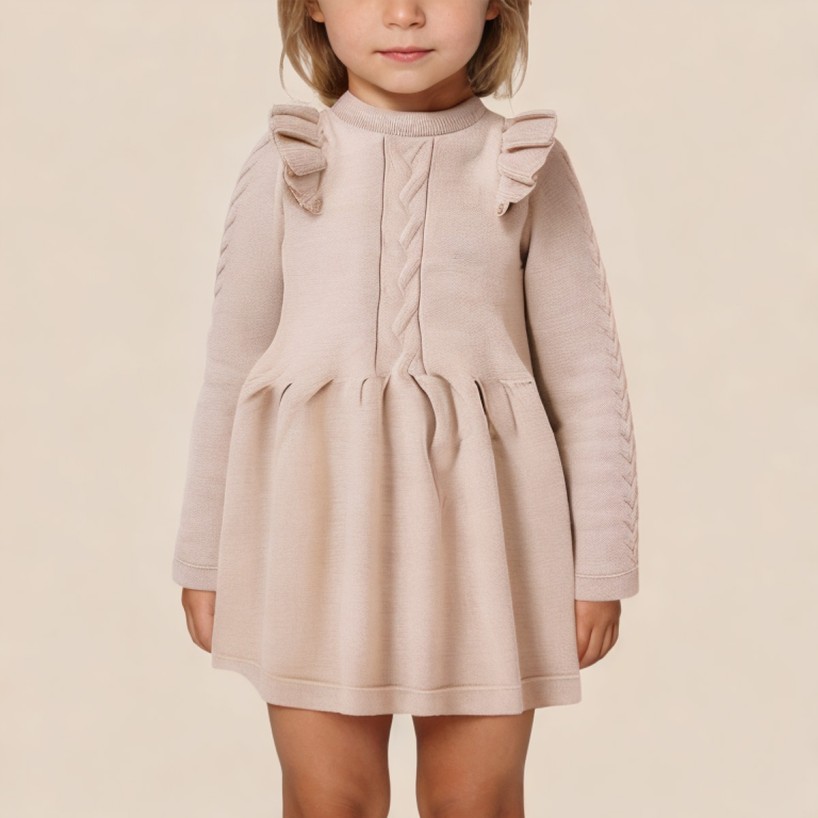 Pink knitted long-sleeved girls' dress