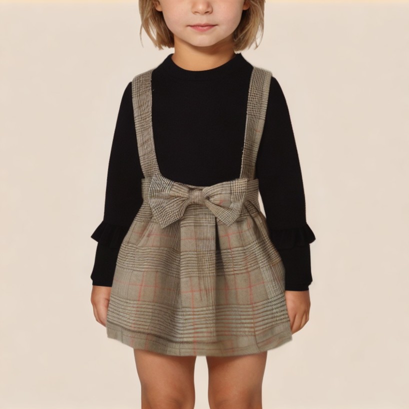 Retro plaid round neck girls' dress