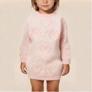 Pink heart-patterned knitted dress for girls