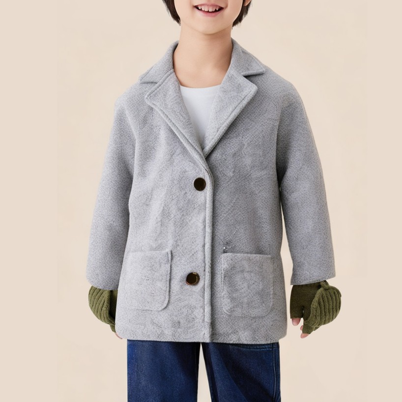 Gray simple windproof long coat for boys
