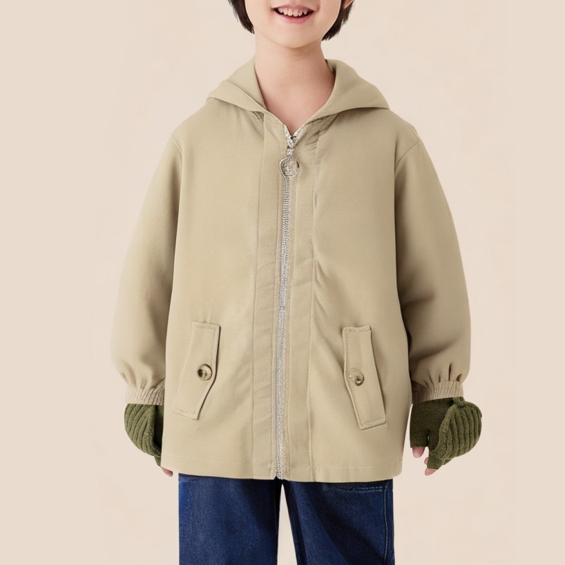 Simple hooded zip-up long coat for boys