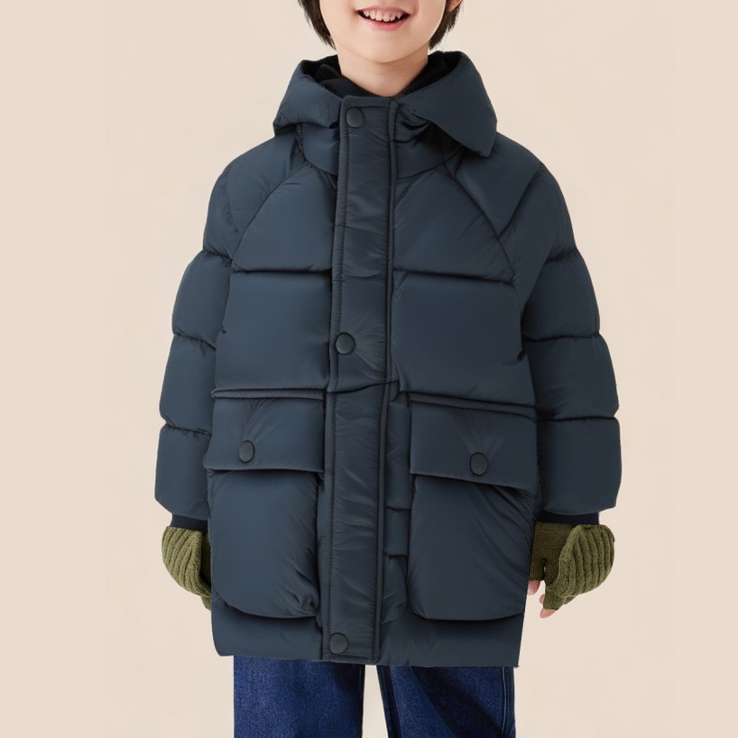 Blue hooded warm long coat for boys