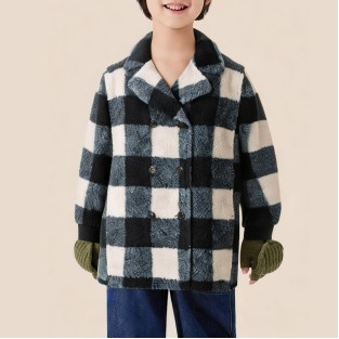 Checked pattern lapel warm long coat for boys