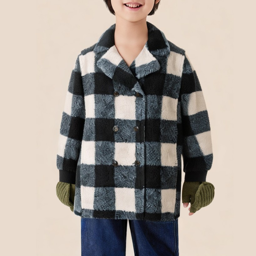 Checked pattern lapel warm long coat for boys