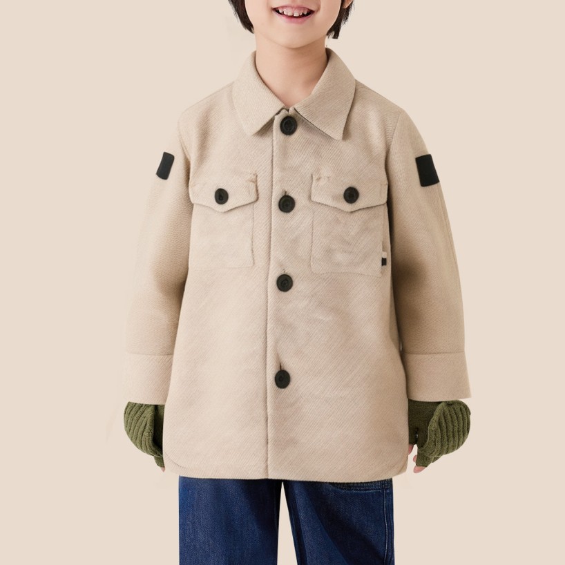 Simple windproof lapel long coat for boys