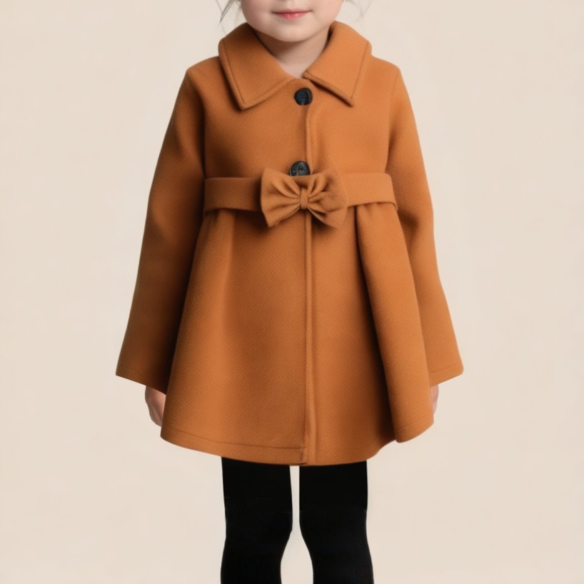 Brown bow-detailed thickened girls' coat