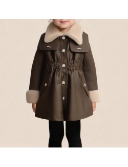 Winter fleece-lined leather coat for girls