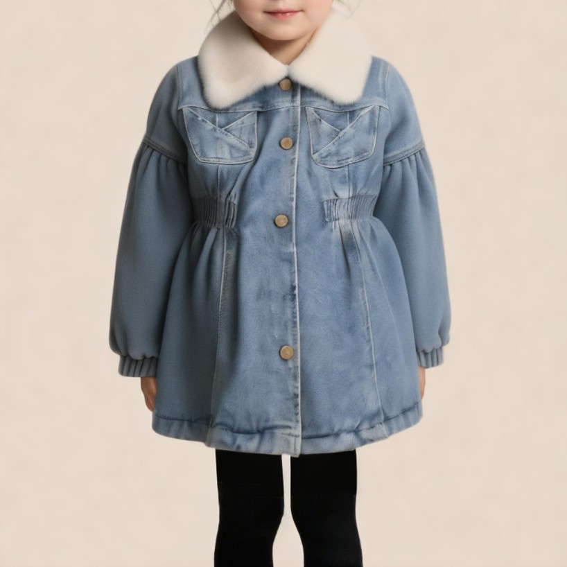 Elegant wool-lined denim coat for girls