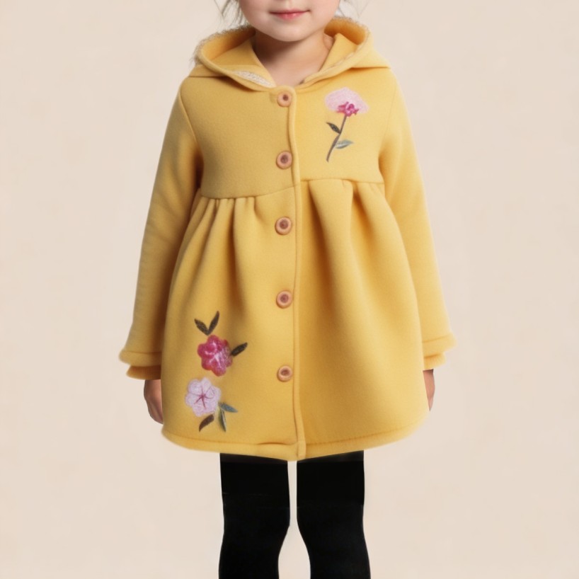 Yellow floral embroidered hooded girls' coat