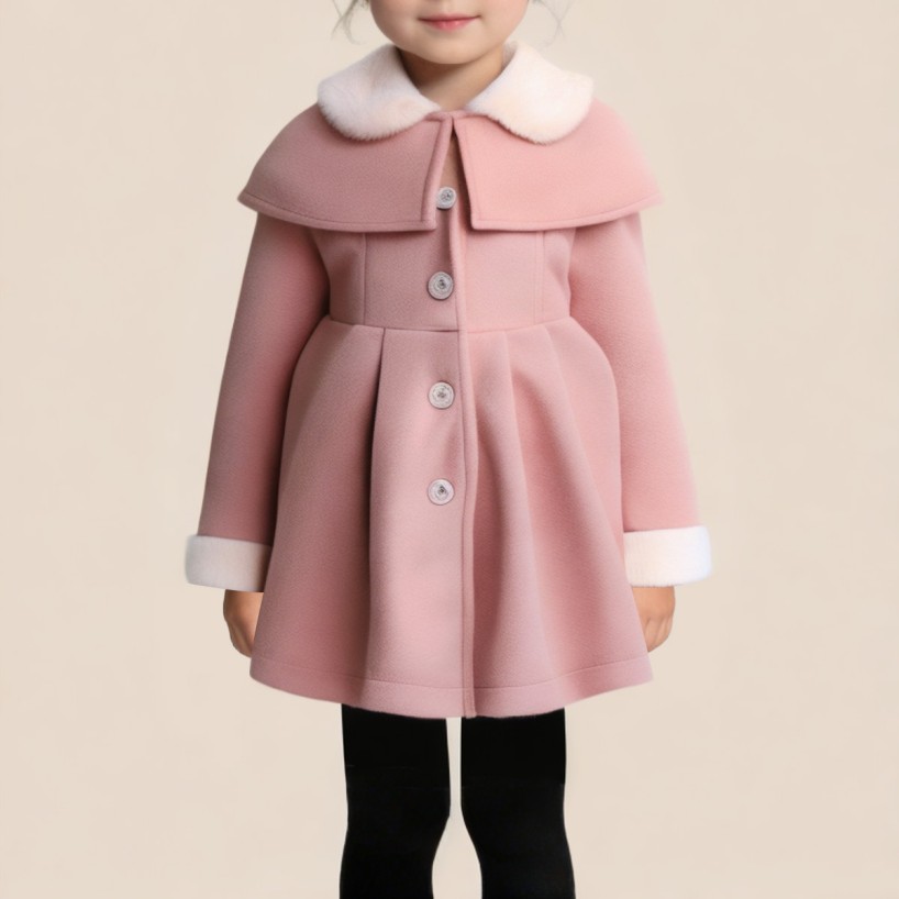 Pink winter warm button-down coat for girls