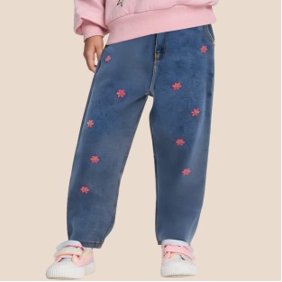 Girls' denim pants with floral embroidery