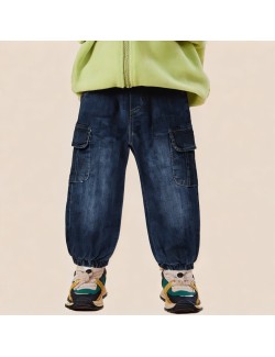 Washed and faded elastic waist boys' jeans